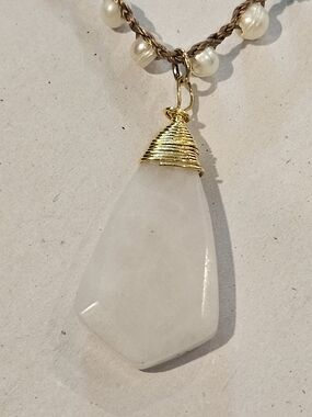 Light Blue Beaded Necklace with Clear Teardrop Pendant